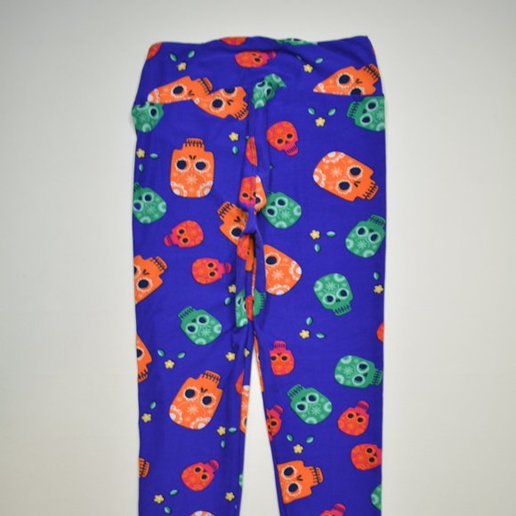LuLaRoe ONE SIZE Purple SUGAR Skulls DAY OF THE DEAD Stretch LEGGINGS Pants VHTF - Picture 4 of 6
